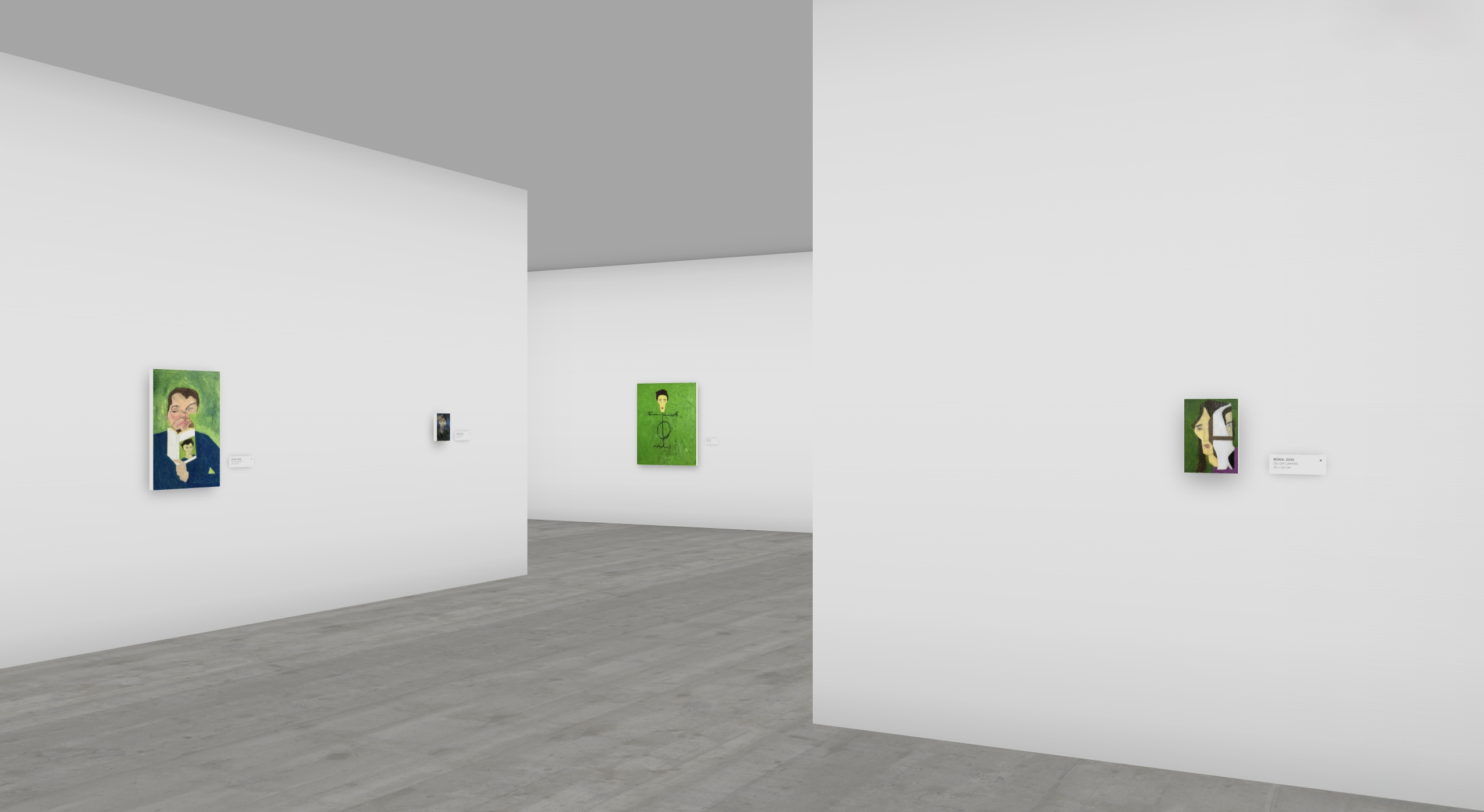 Cyclorama installation view: portraits across two gallery walls