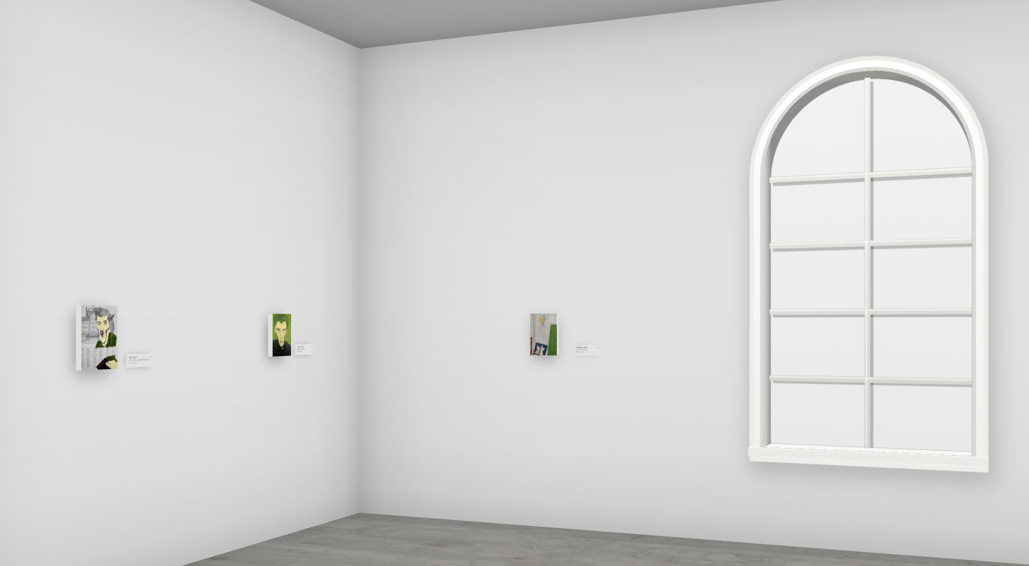 Cyclorama installation view: three small works beside an arched window