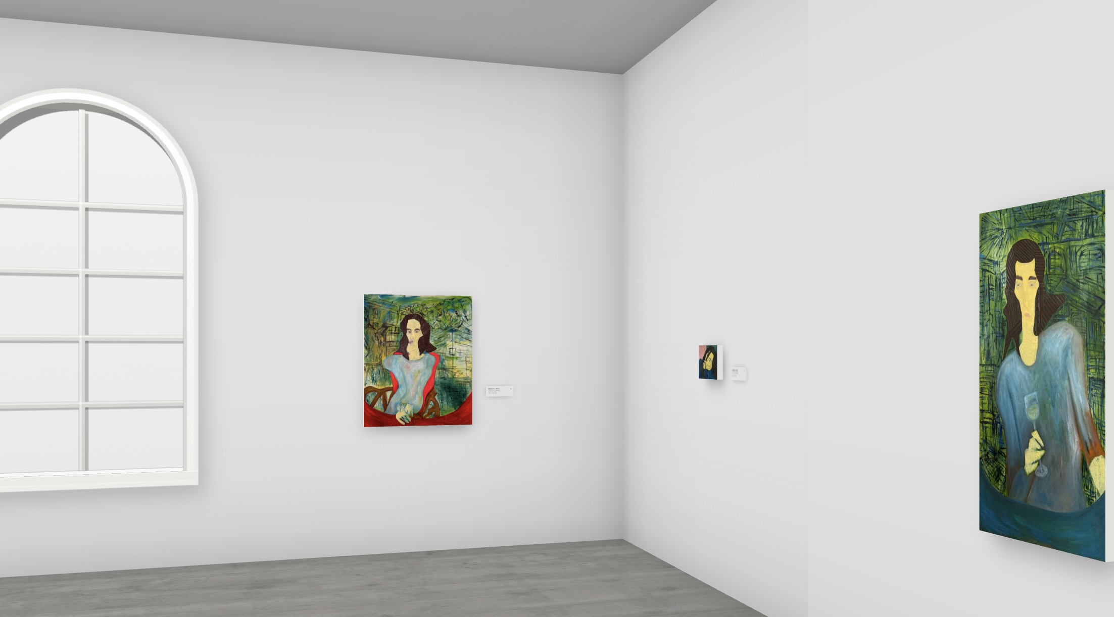 Cyclorama installation view: seated figure in red, with a large portrait at right